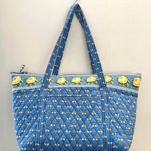 Vera Bradley Large Blue Shoulder Tote Bag Bumble Bees & Yellow Roses